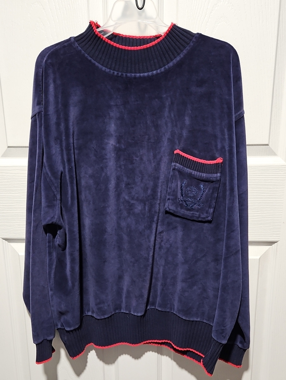 Vintage Players Club Embroidered Crest Velour Pullover Sweater Navy 2X